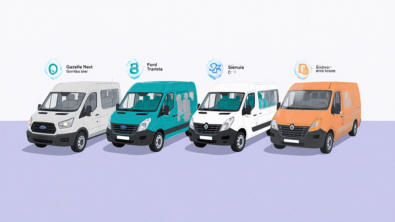 Четыре модели минивэнов стоят рядом, видны сидения и багажные отсеки.