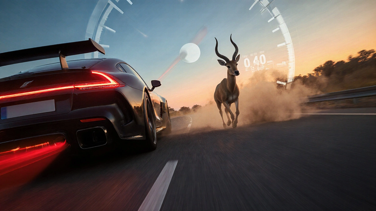 Газель мчится по шоссе, а антилопа скачет, показывая ускорение и тормозной путь.