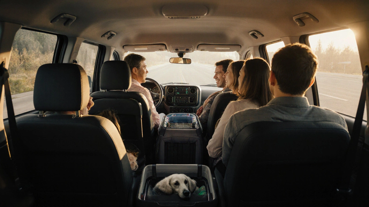 Группа из шести человек в комфортабельном минивэне с детским креслом и багажом.