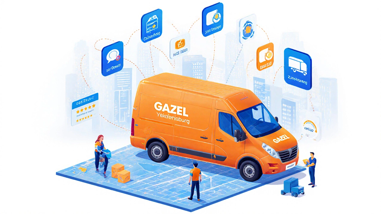 Грузовик ГАЗЕЛЬ в центре экосистемы приложения Грузовичкоф с цифровыми уведомлениями и клиентами.