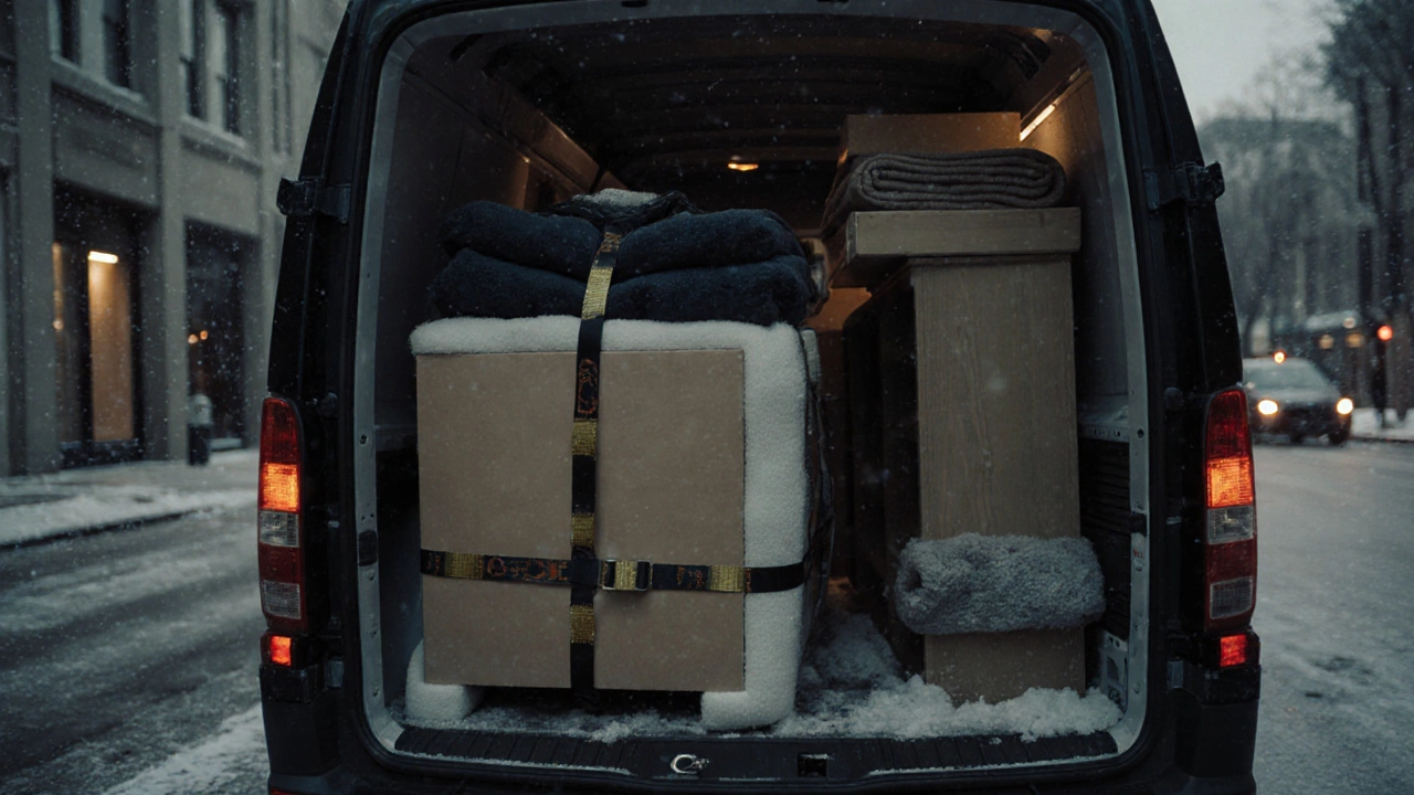 Грузовик с мебелью, зафиксированной ремнями и прокладками в кузове.