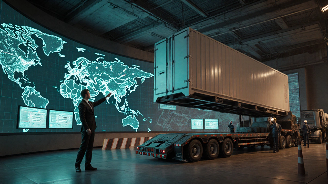 Контрольный центр управления перевозками и кран, поднимающий крупный холодильник на прицеп.