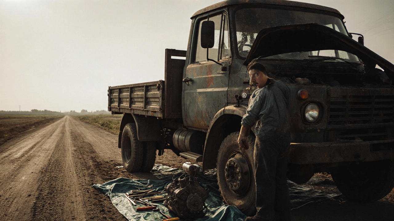 Механик ремонтирует старую Газель с двигателем ЗМЗ-405 на обочине