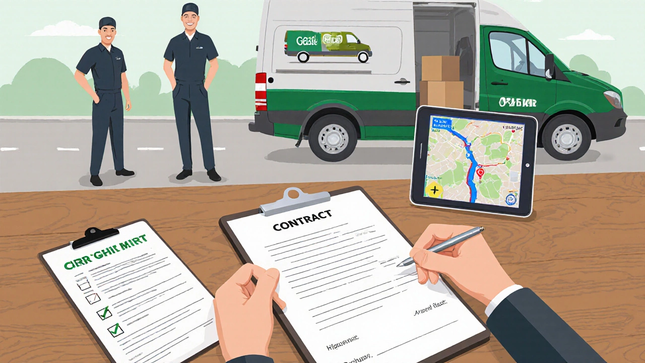 Рука подписывает договор, рядом страховой сертификат и GPS‑карта.