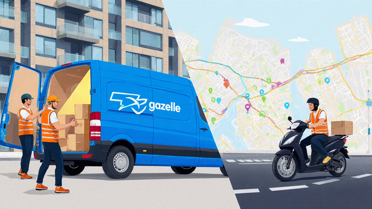 Сцена с погрузкой мебели в Газель и курьером на мотоцикле с посылкой.