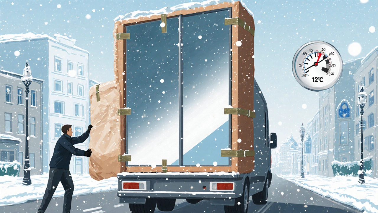 Шкаф с зеркальными дверями перевозят в снегу, с термоизоляцией и защитой.