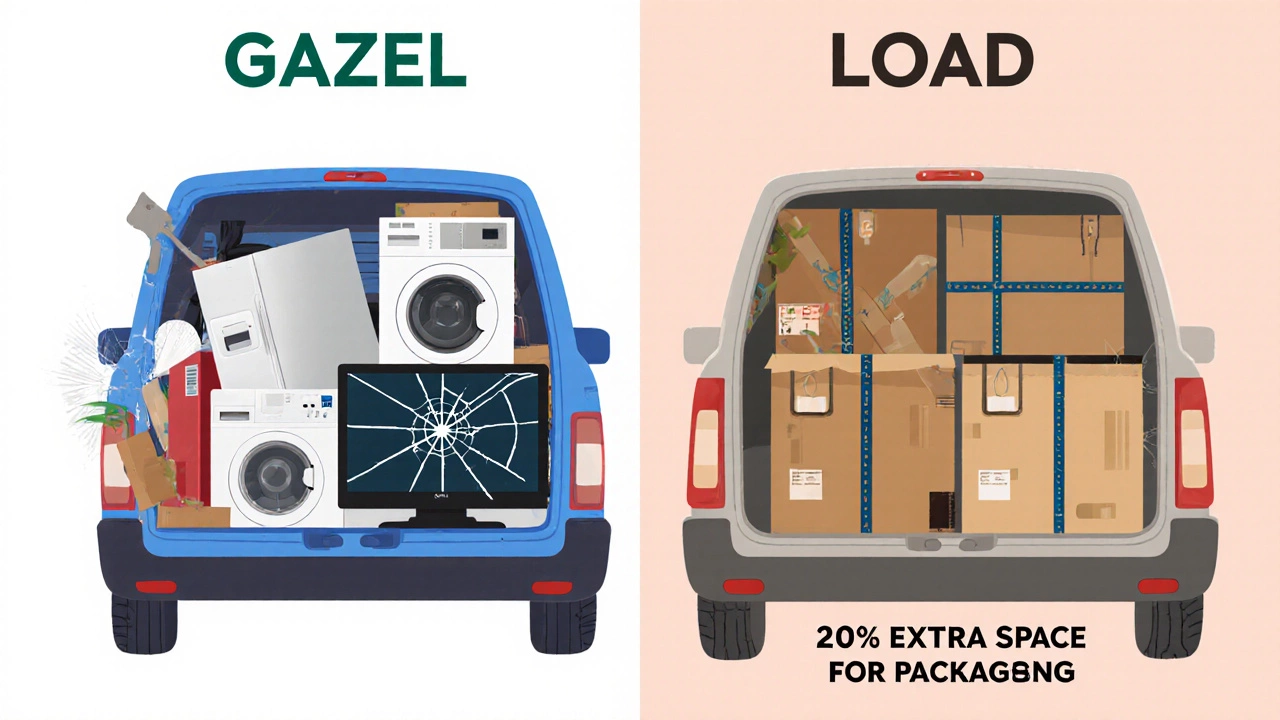 Сравнение: перегруженный грузовик слева и правильно упакованная техника справа.