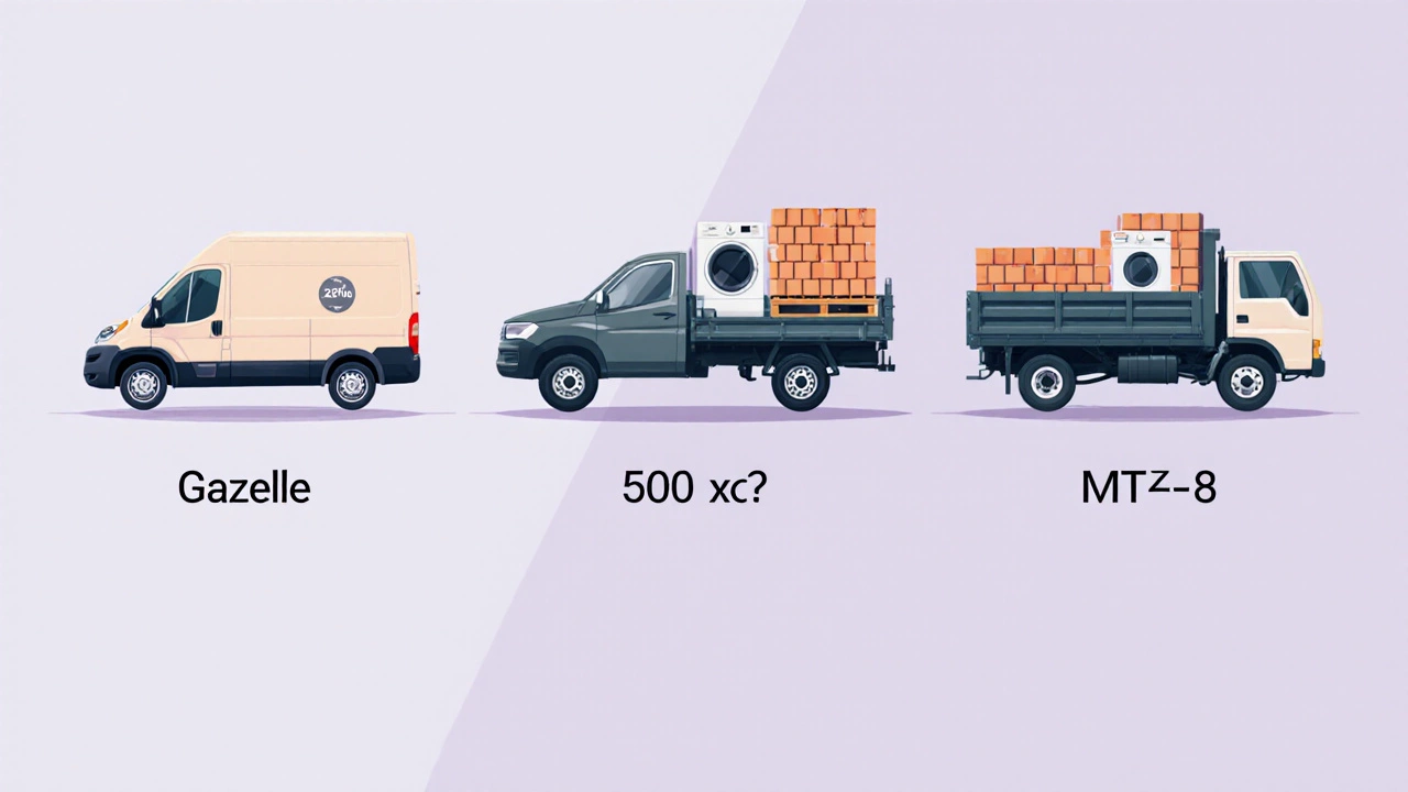Сравнение трех транспортных средств: стандартная Газель 250 кг, удлинённая Газель 500 кг, грузовик 1 тонна.