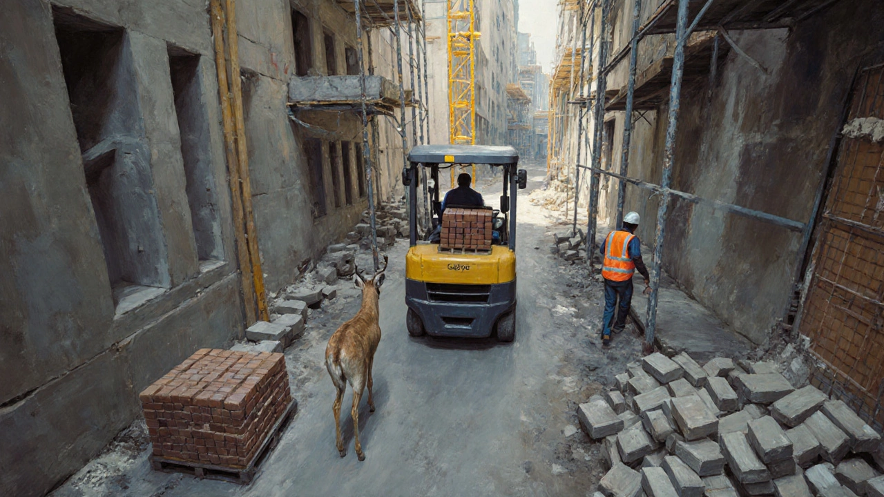 Строительная площадка, где Газель делает несколько рейсов с кирпичами, а антилопа неподвижна.