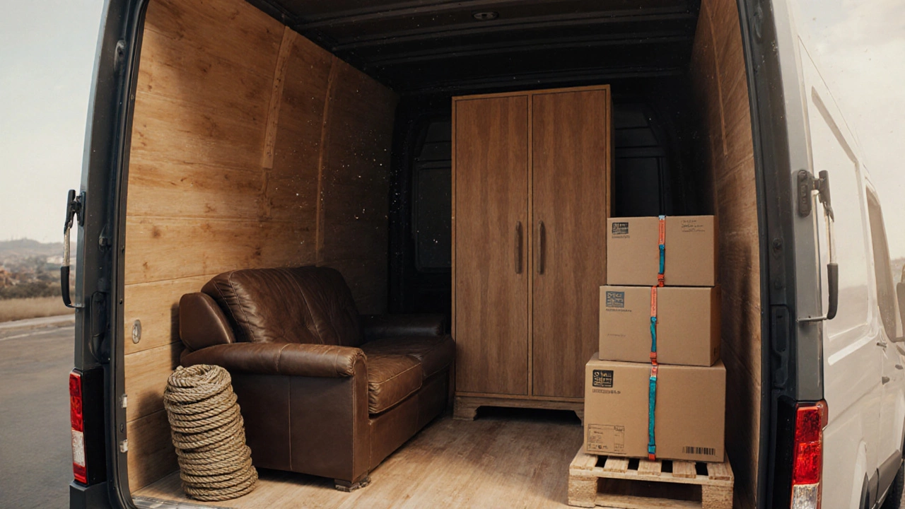 Внутри кузова Газели грузятся мебель и коробки, правильно распределяя вес.