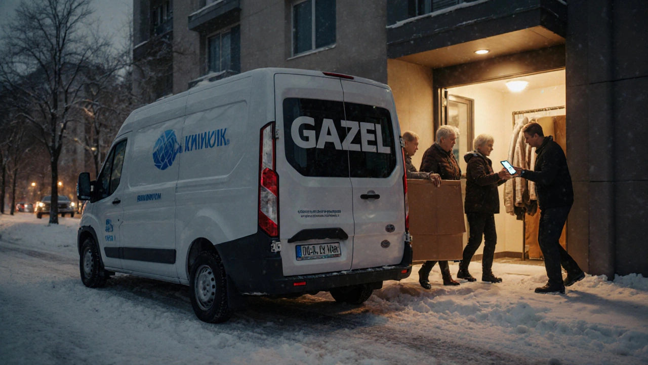 Водитель помогает пожилой паре вынести шкаф в квартиру, машина с логотипом Грузовичкоф.