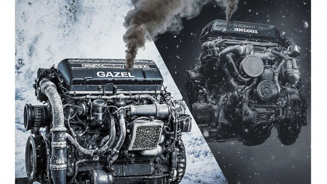 Дизельный двигатель Cummins с дымом и поврежденными шлангами на зимней дороге.