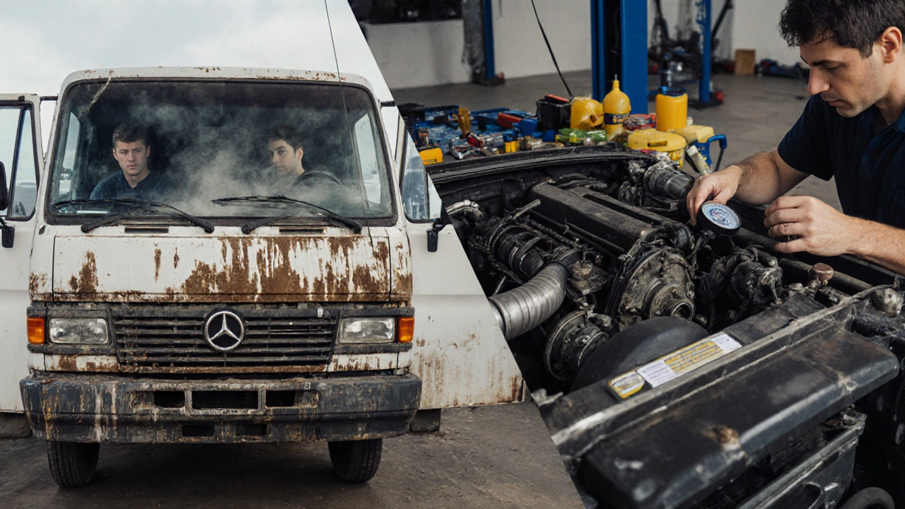 Два варианта Газели: одна с неисправным двигателем, другая — в ремонте с инструментами.