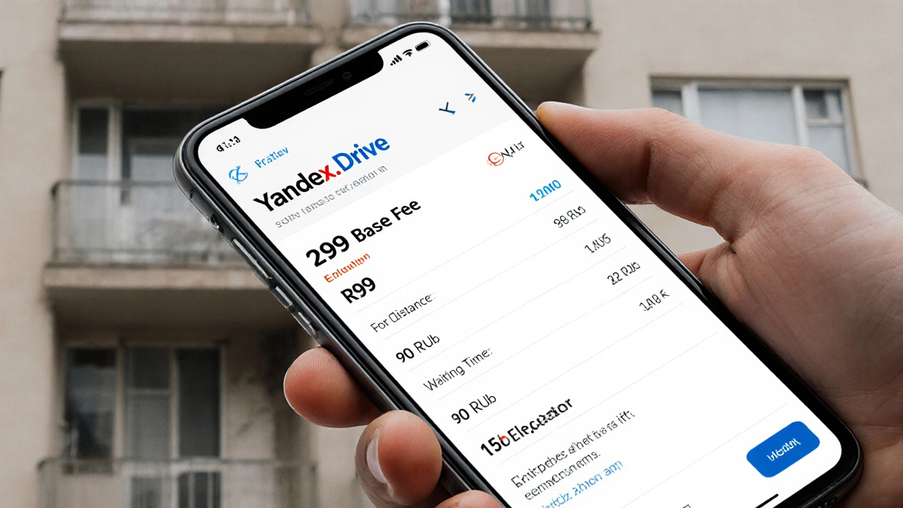 Экран смартфона с приложением Яндекс.Драйв, показывающим детальный расчет стоимости перевозки.