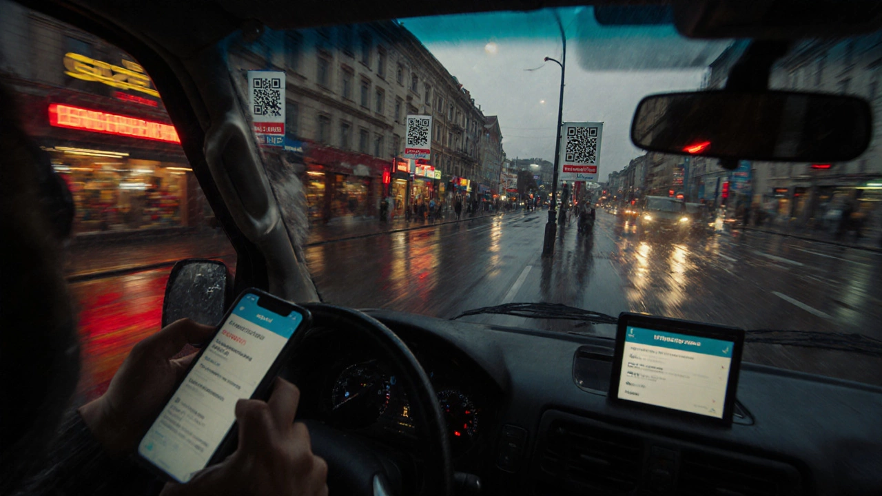 ГАЗЕЛЬ на дороге в сумерках, водитель смотрит на телефон с заказом.