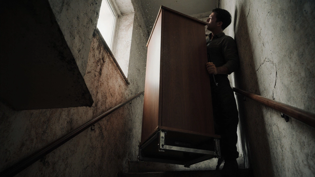 Гидравлический подъемник поднимает шкаф по узкой лестнице в старом доме.