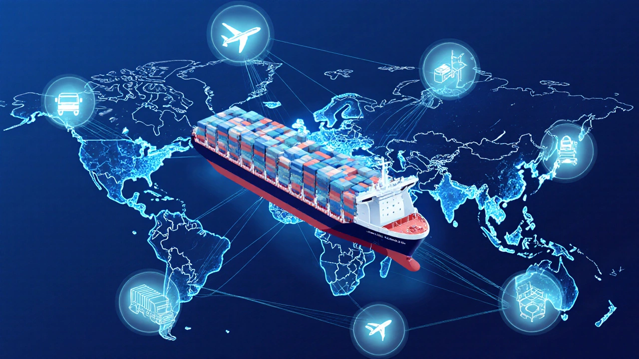 Глобальная схема логистики: морские пути соединяют континенты, 80% грузов идут морем.