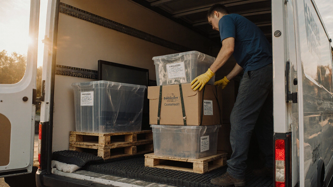 Грузчик загружает прозрачные контейнеры и коробки в грузовик с боковыми дверями и резиновым покрытием.