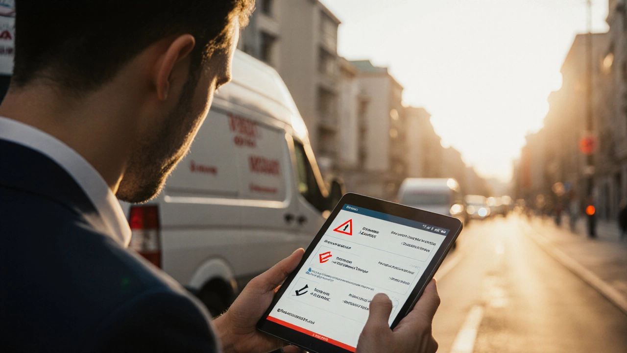 Клиент сравнивает цены на переезд на планшете у грузовика, на закате.