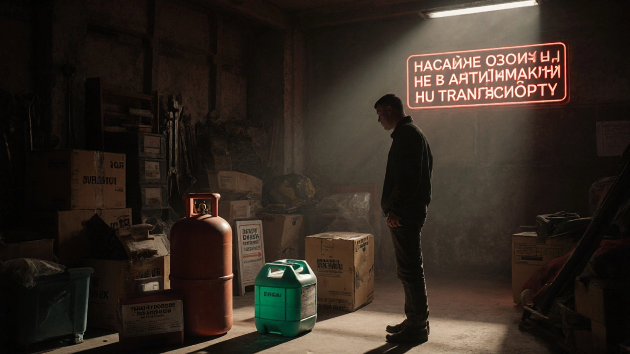 Мужчина стоит перед опасными отходами на складе, рядом — разрешённые вещи для переезда.