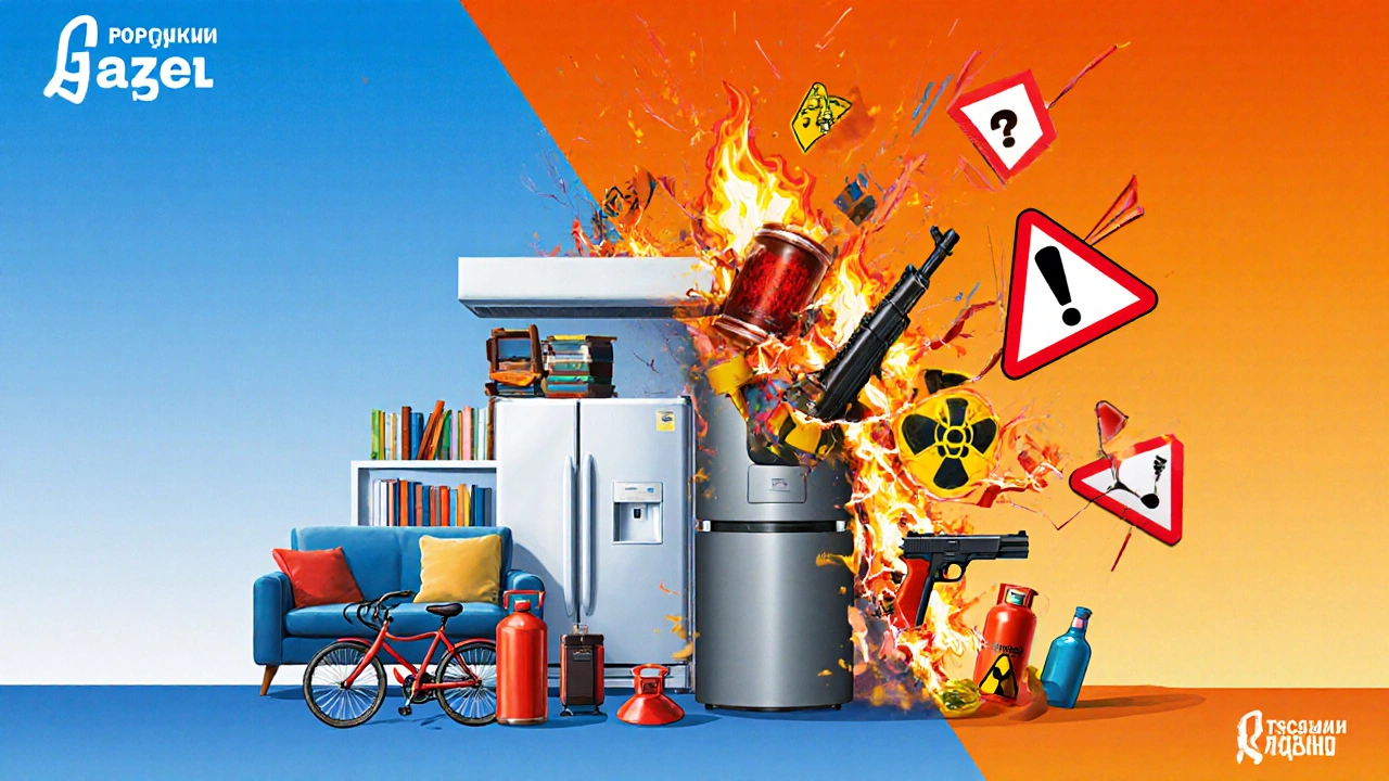 Разделённая сцена: слева — безопасные вещи в грузовике, справа — взрывающиеся запрещённые предметы.