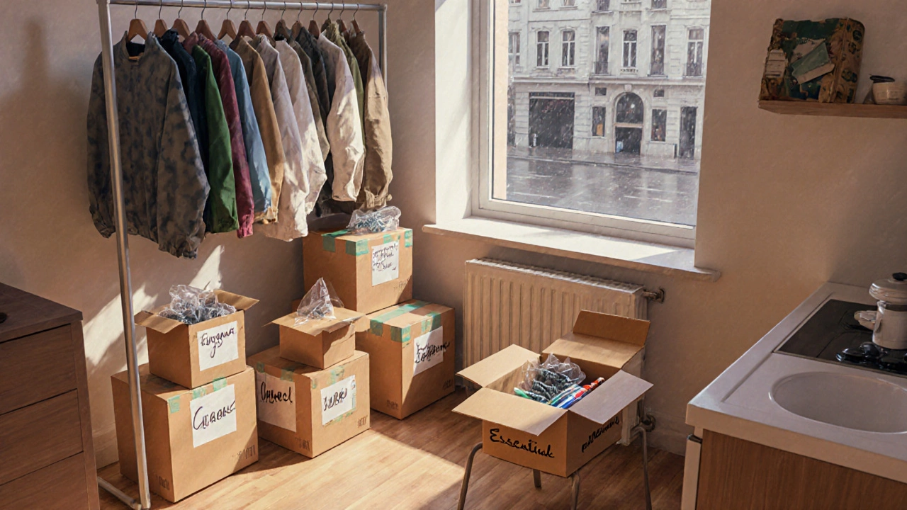 Разобранная мебель, одежда в чехлах и помеченные коробки в квартире перед переездом.