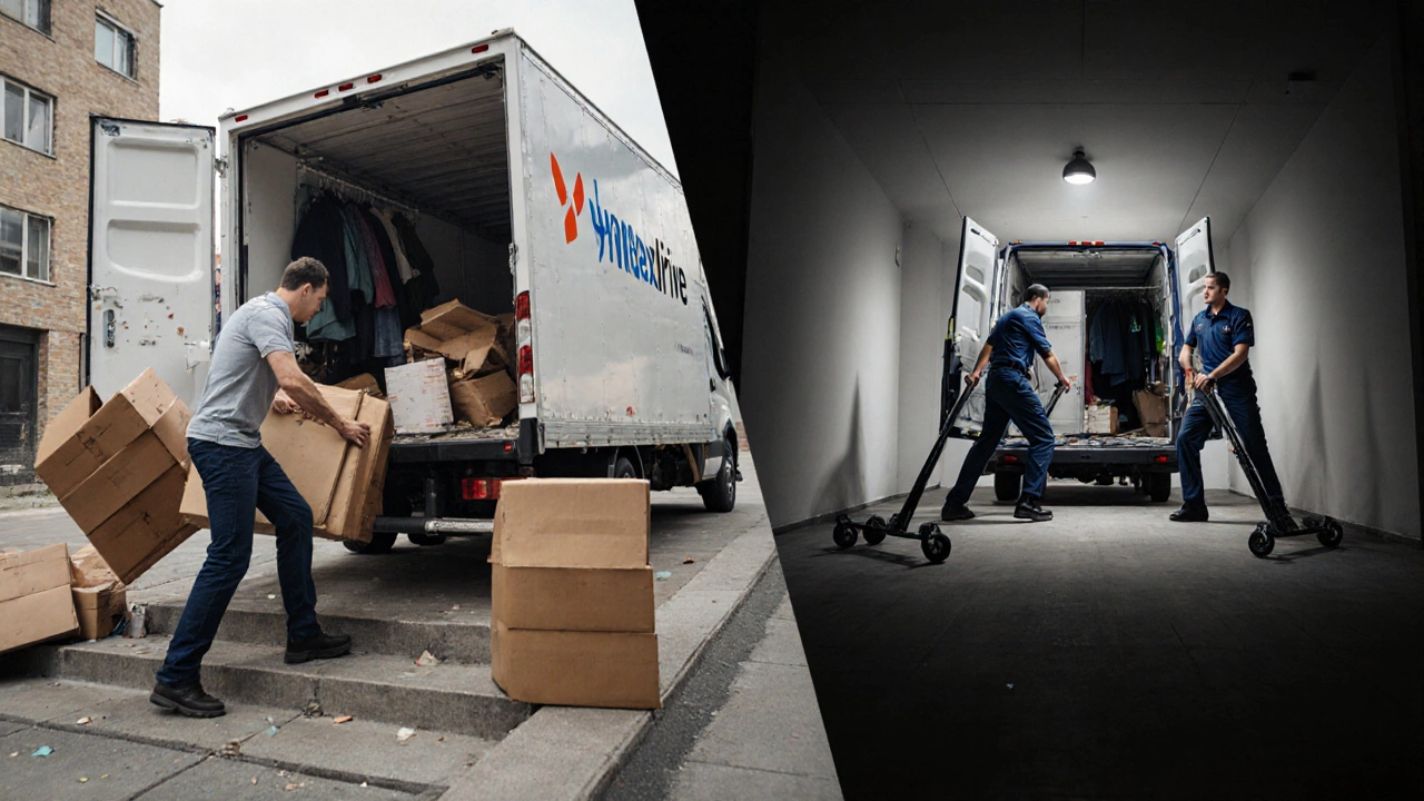 Сравнение: слева — самовывоз с трудностями, справа — профессиональная доставка с грузчиками.