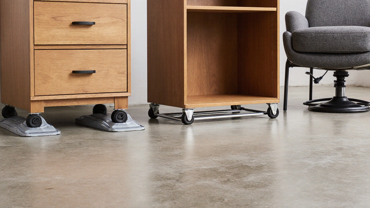 Три вида инструментов для перемещения мебели: ролики, полозья и подъемник на бетонном полу.