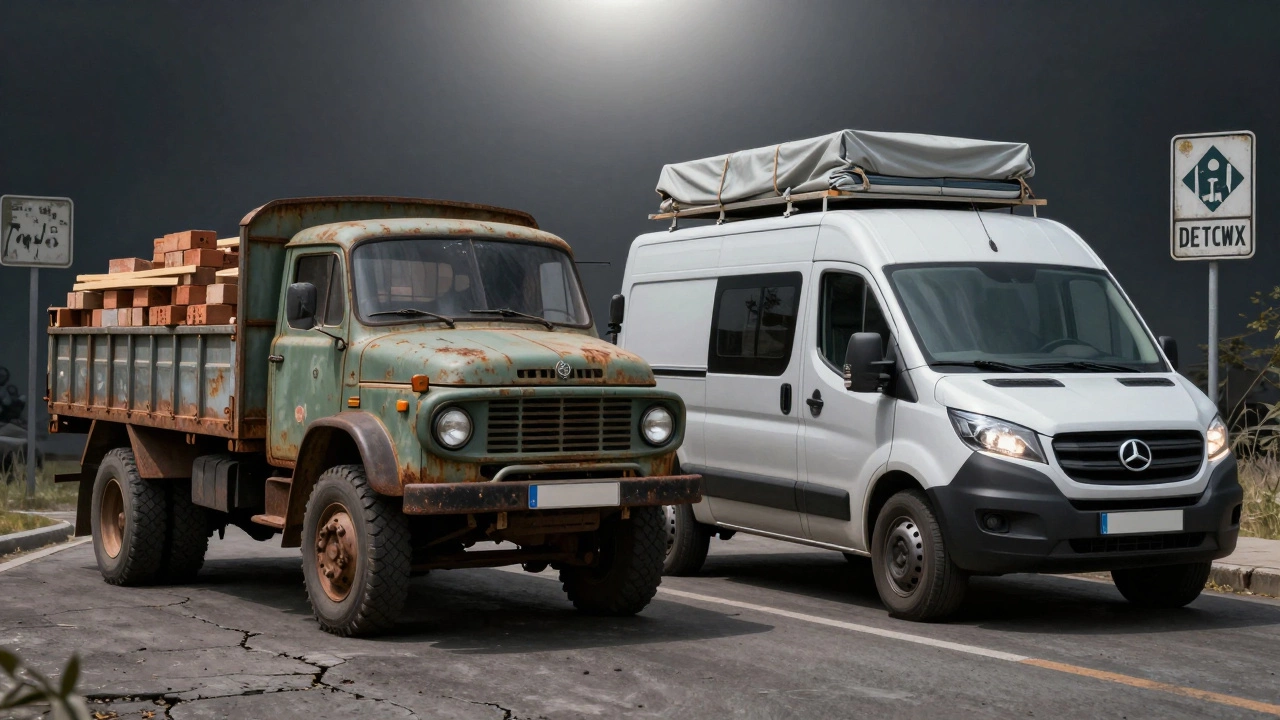 Два грузовика ГАЗ: старая открытая платформа и современный фургон, стоят рядом на дороге с разницей в состоянии.