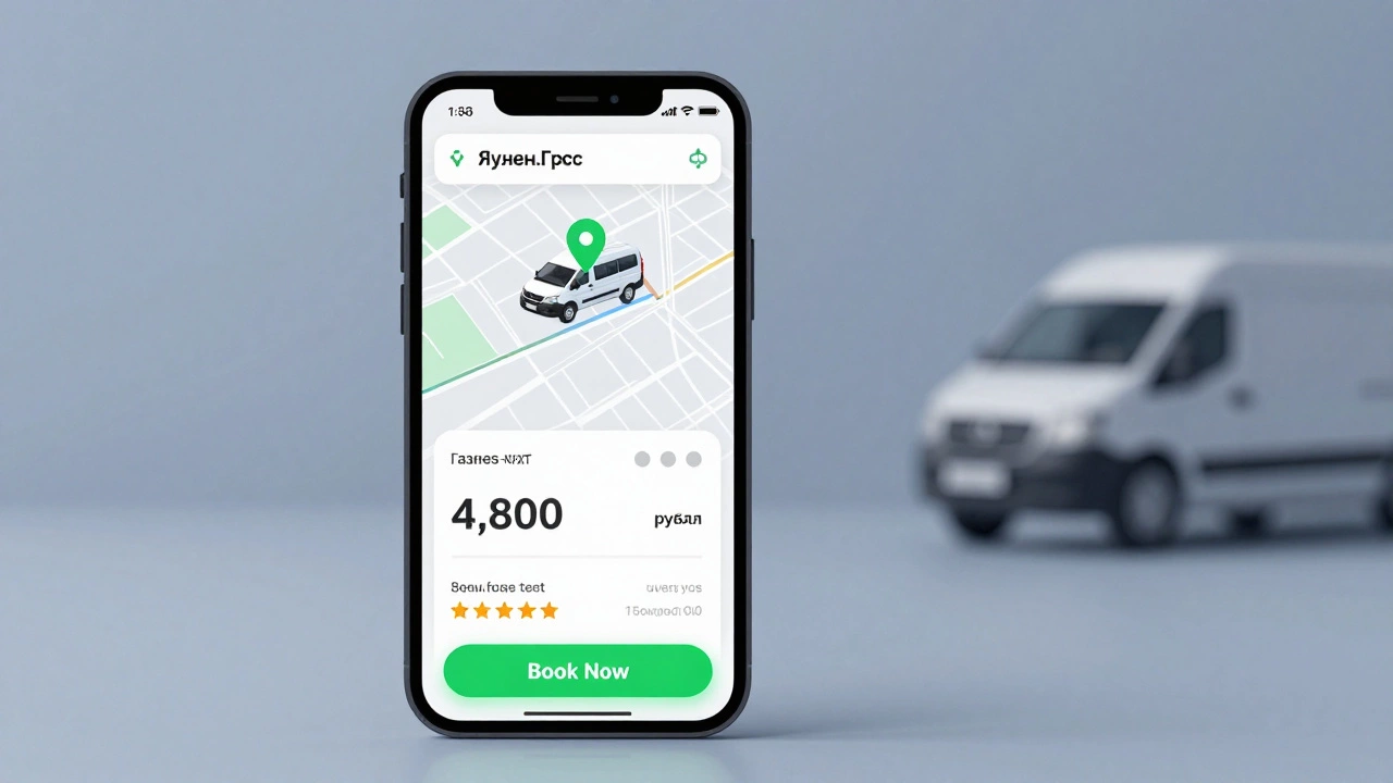 Экран телефона с приложением Яндекс.Груз: выбор машины, цена и отзывы.