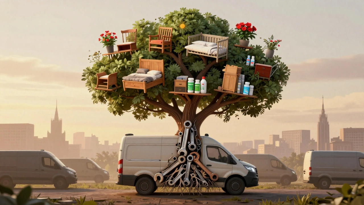 ГАЗель как дерево с корнями из инструментов, ветви несут разные грузы — мебель, цветы, лекарства.