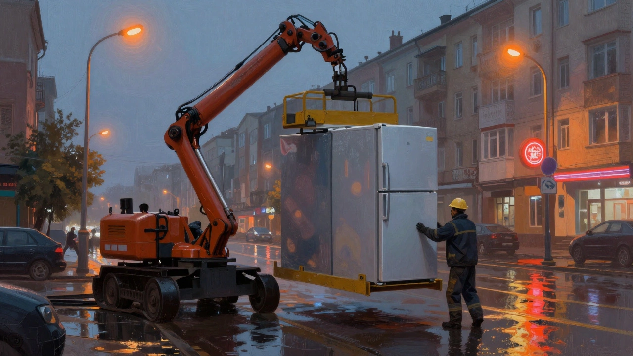 Гидравлический подъемник опускает холодильник на улицу в городском дворе.