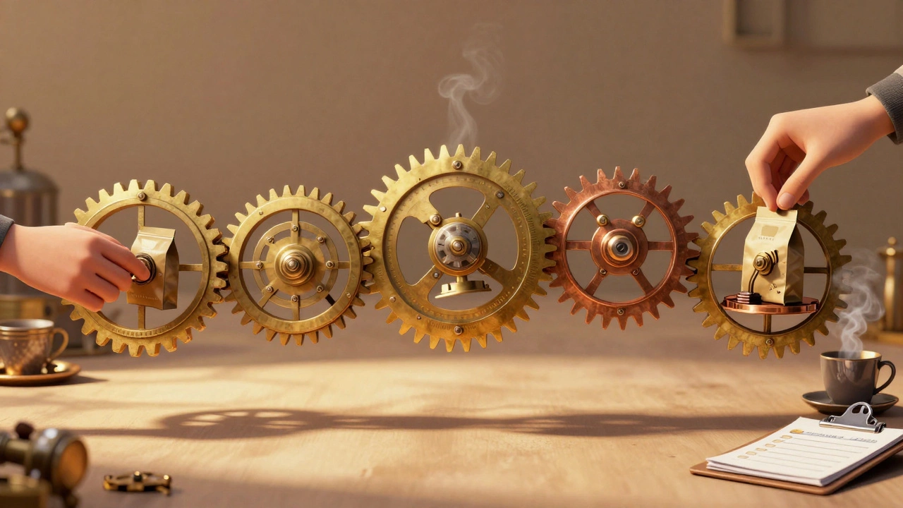 Механические шестерёнки символизируют пять этапов переезда: упаковка, транспортировка, погрузка, доставка, сборка.