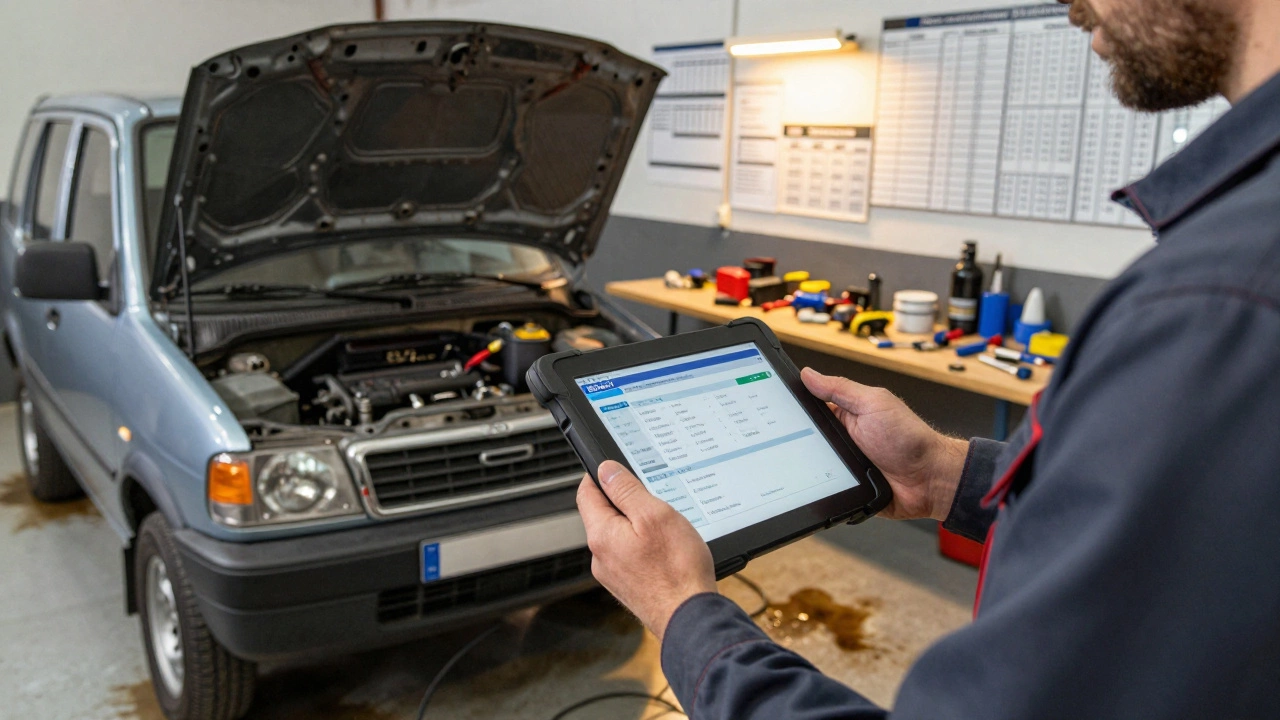 Механик проверяет ГАЗель 2017 года в автосервисе с диагностическим планшетом.