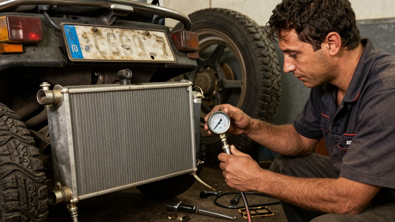Механик проверяет температуру масла в гараже с дополнительным радиатором на Газели.