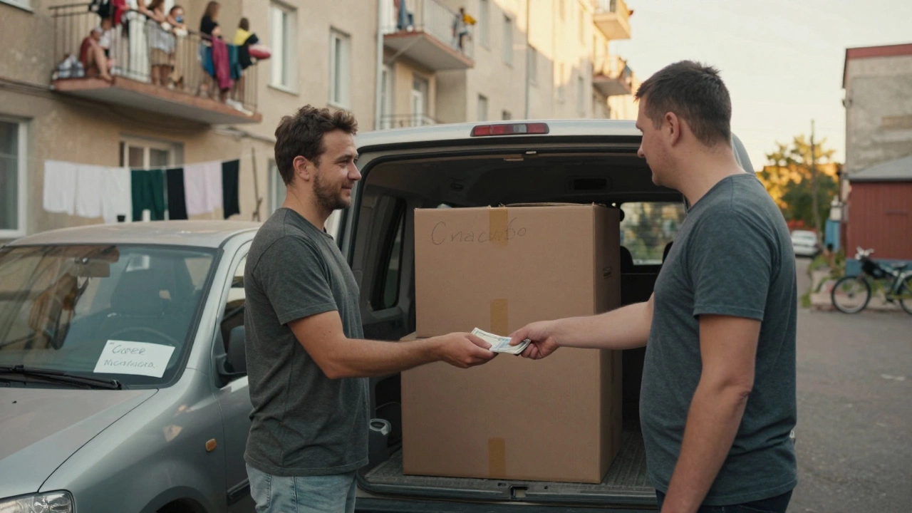 Мужчина платит водителю ГАЗели за перевозку коробок во дворе жилого дома в Екатеринбурге.