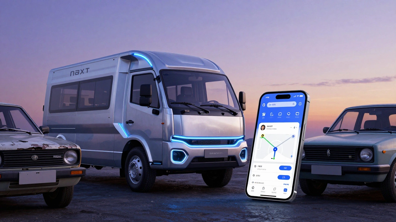 Новая Газель NEXT с алюминиевым кузовом рядом с устаревшими моделями, на заднем плане — планшет с приложением доставки.