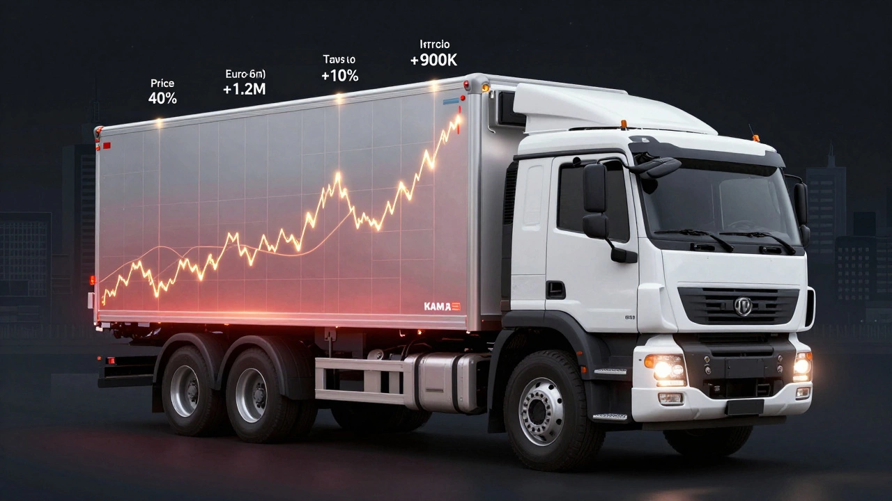 Прозрачная диаграмма расходов на грузовик KamAZ с выделенными компонентами цены и налогов.