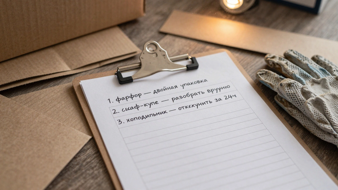 Рукописный чек-лист для переезда с пометками на русском языке и рабочие перчатки.
