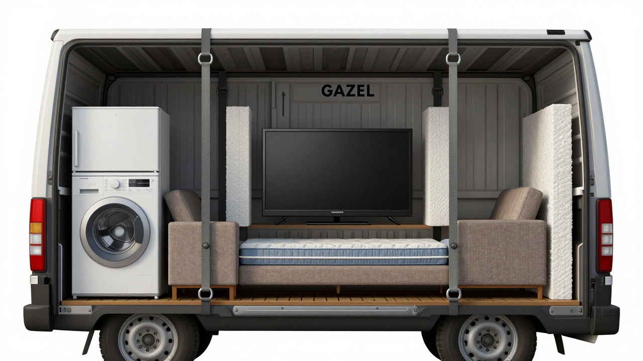 Схематичный вид загрузки Газели: тяжёлые предметы спереди, мебель по бокам, телевизор вертикально с защитой и ремнями.