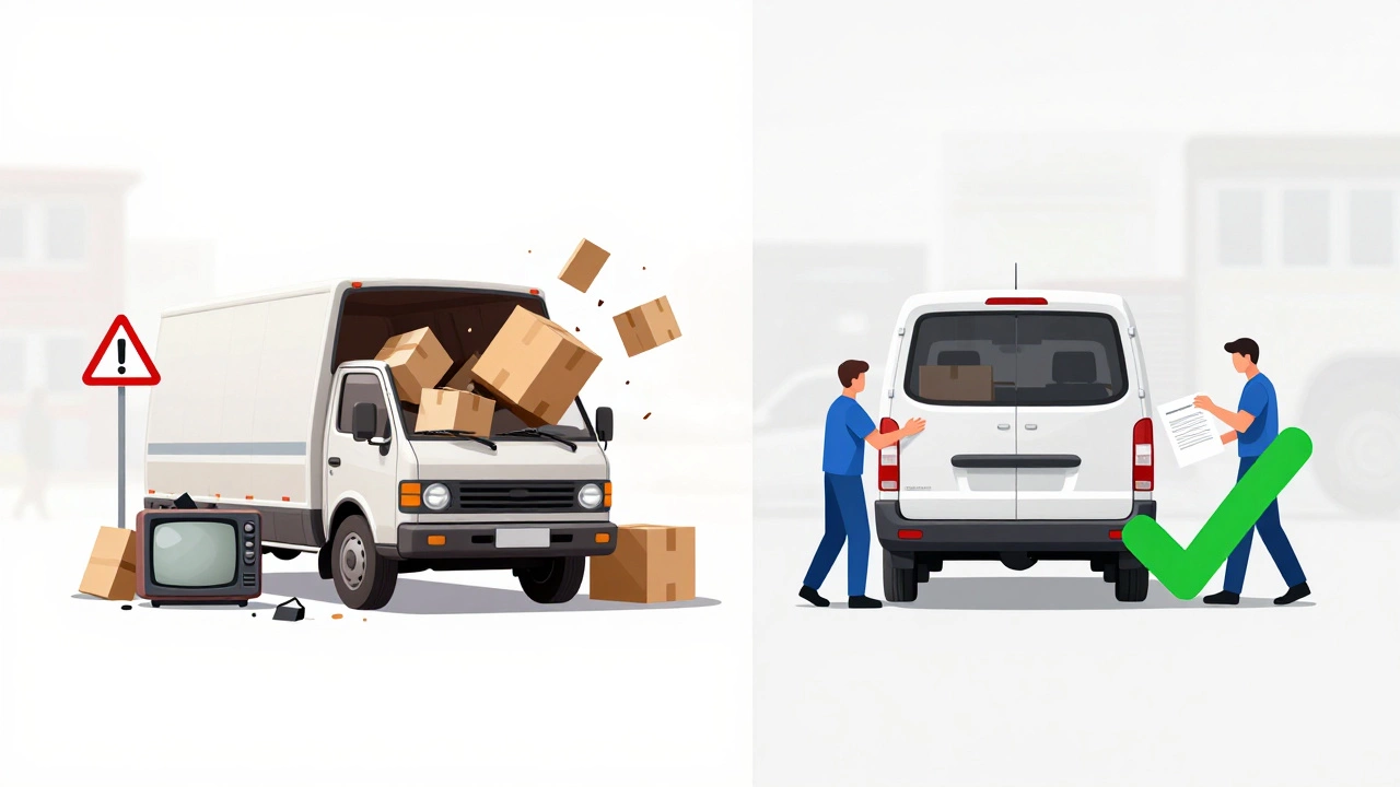 Сравнение: хаотичная перевозка слева и безопасная — справа, с акцентом на надёжность переезда.