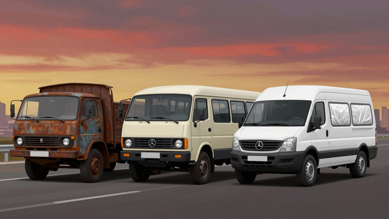 Три поколения ГАЗелей: старая, средняя и современная модель, рядом с городскими пейзажами.