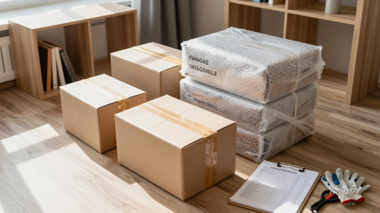 Упаковка вещей в квартире: коробки, пузырчатая плёнка, разобранная мебель и чек-лист на столе.