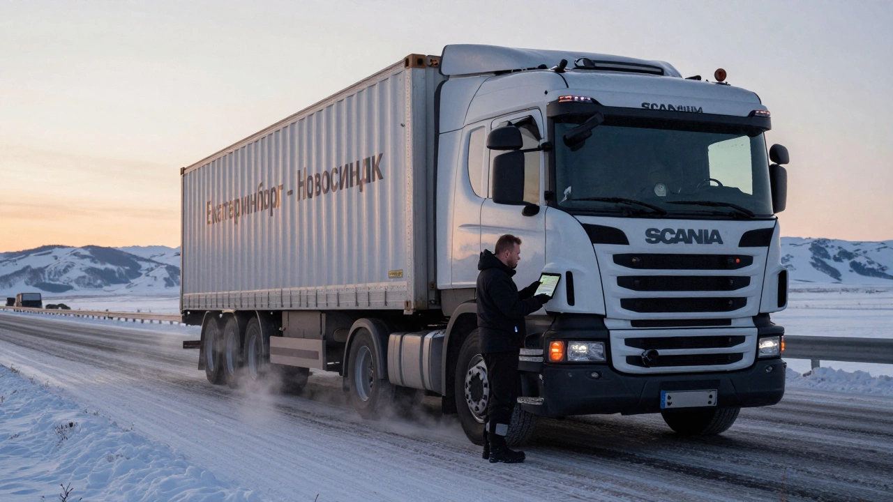 Водитель грузовика Scania стоит у машины на заснеженной трассе у рассвета в Уральских горах.