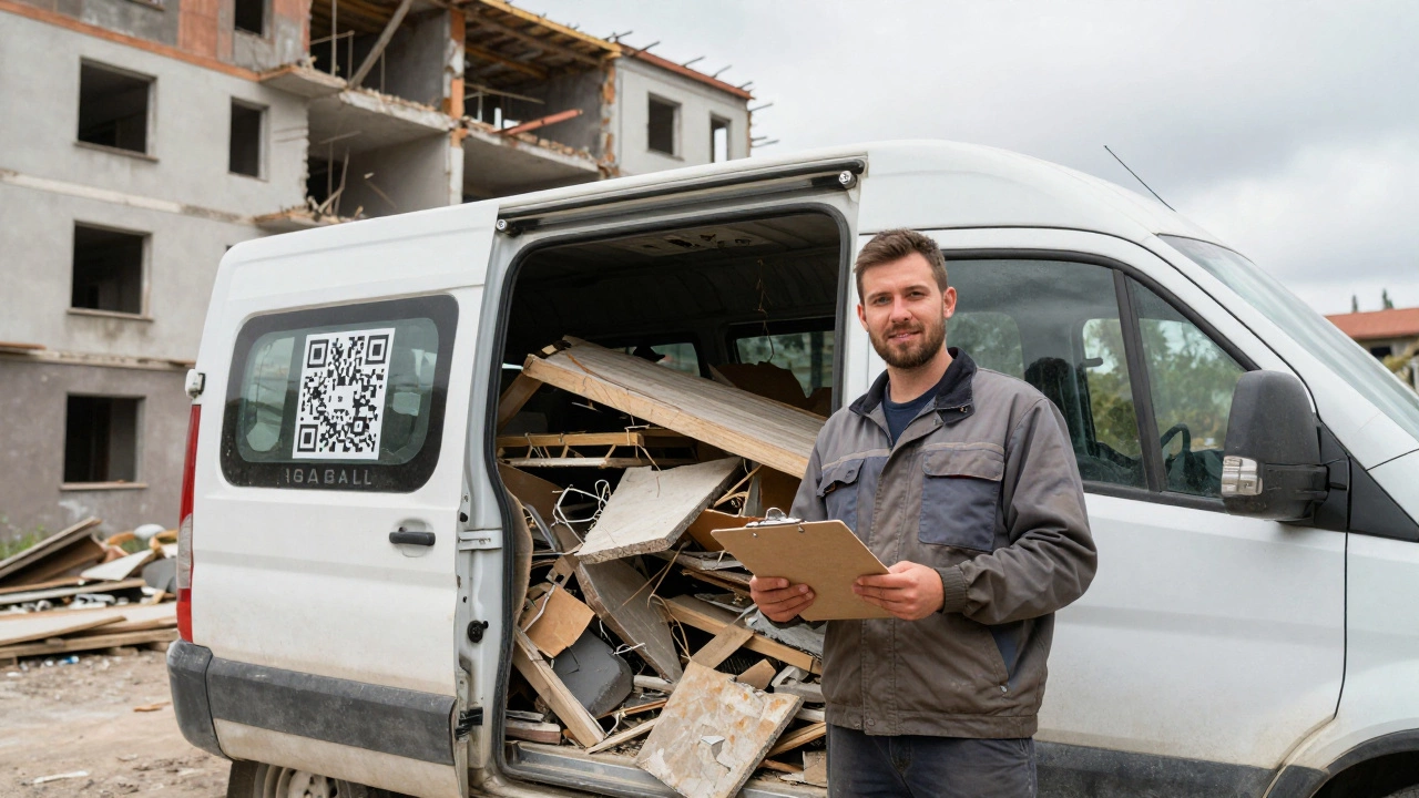 Водитель с грузчиками вывозит строительный мусор после ремонта