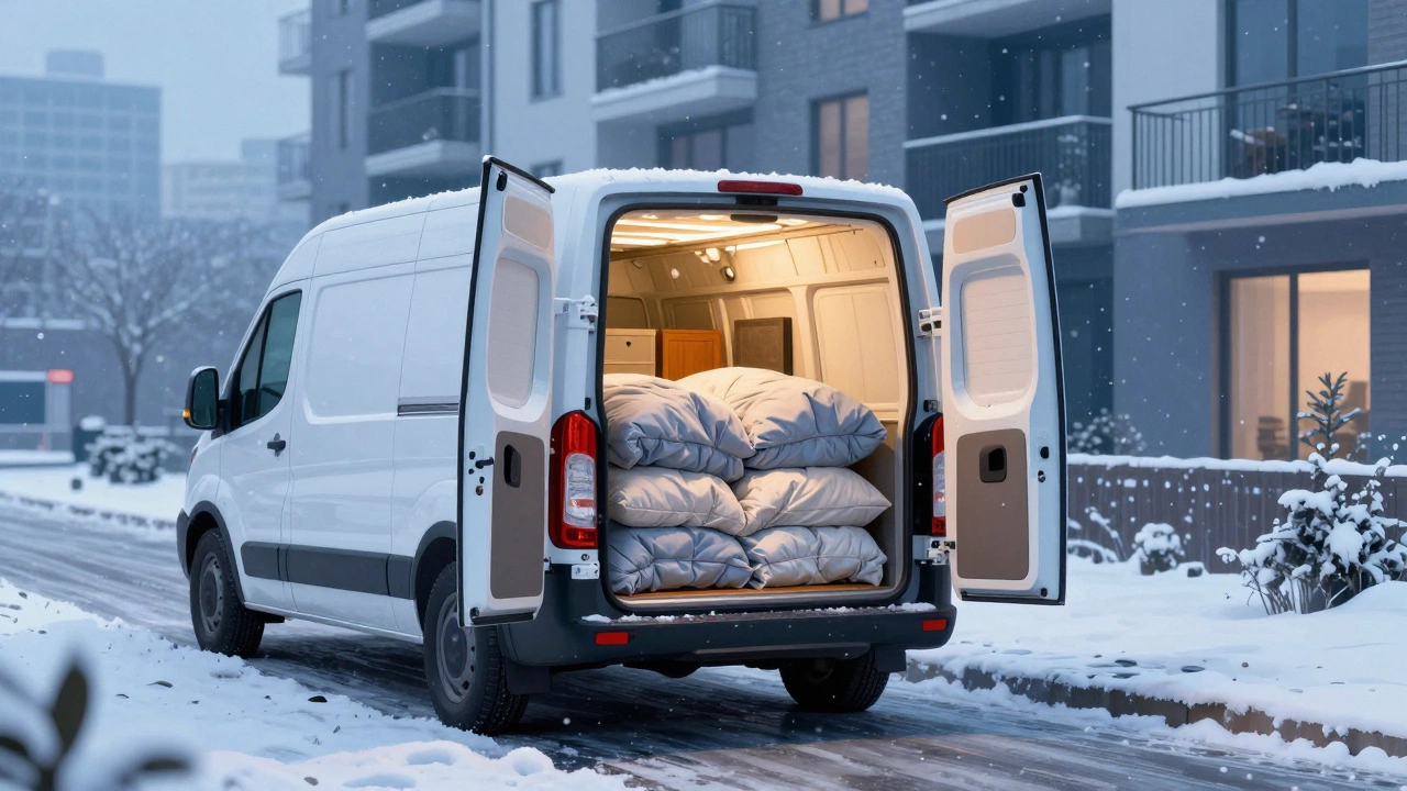 Закрытый фургон разгружает мебель у многоквартирного дома под снегом.