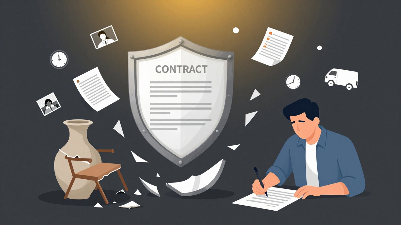 Защитный щит из договора и фото над сломанной мебелью — безопасный переезд.