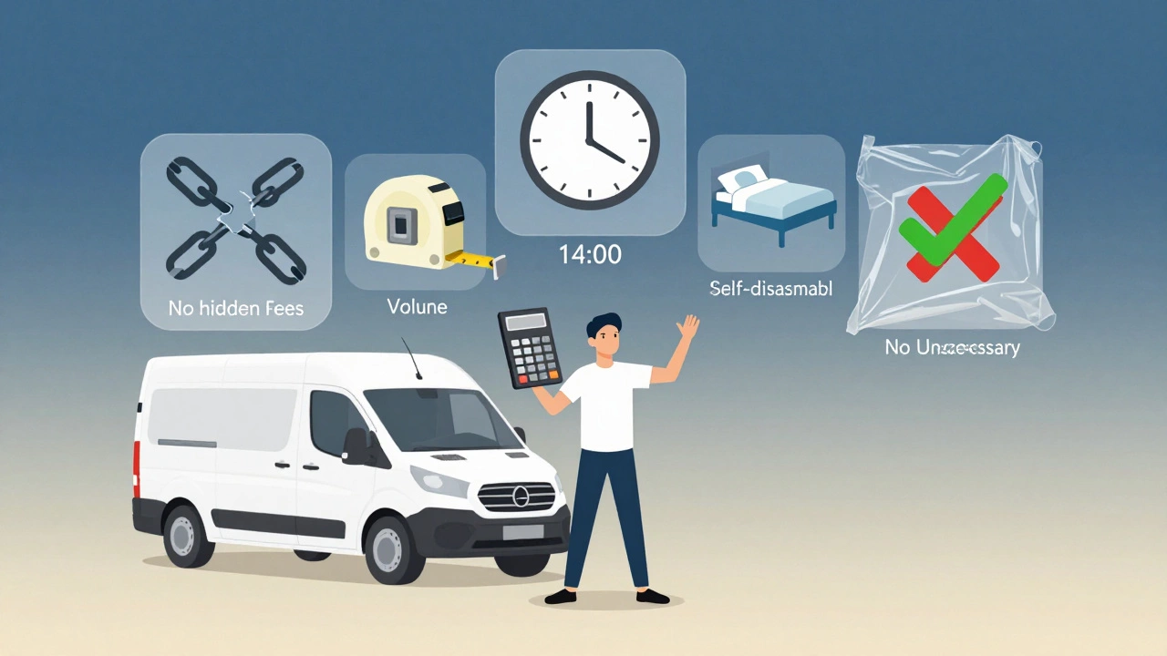 Человек с калькулятором у ГАЗЕЛИ, над ним символы: без скрытых платежей, будний день, саморазбор мебели, без пленки.