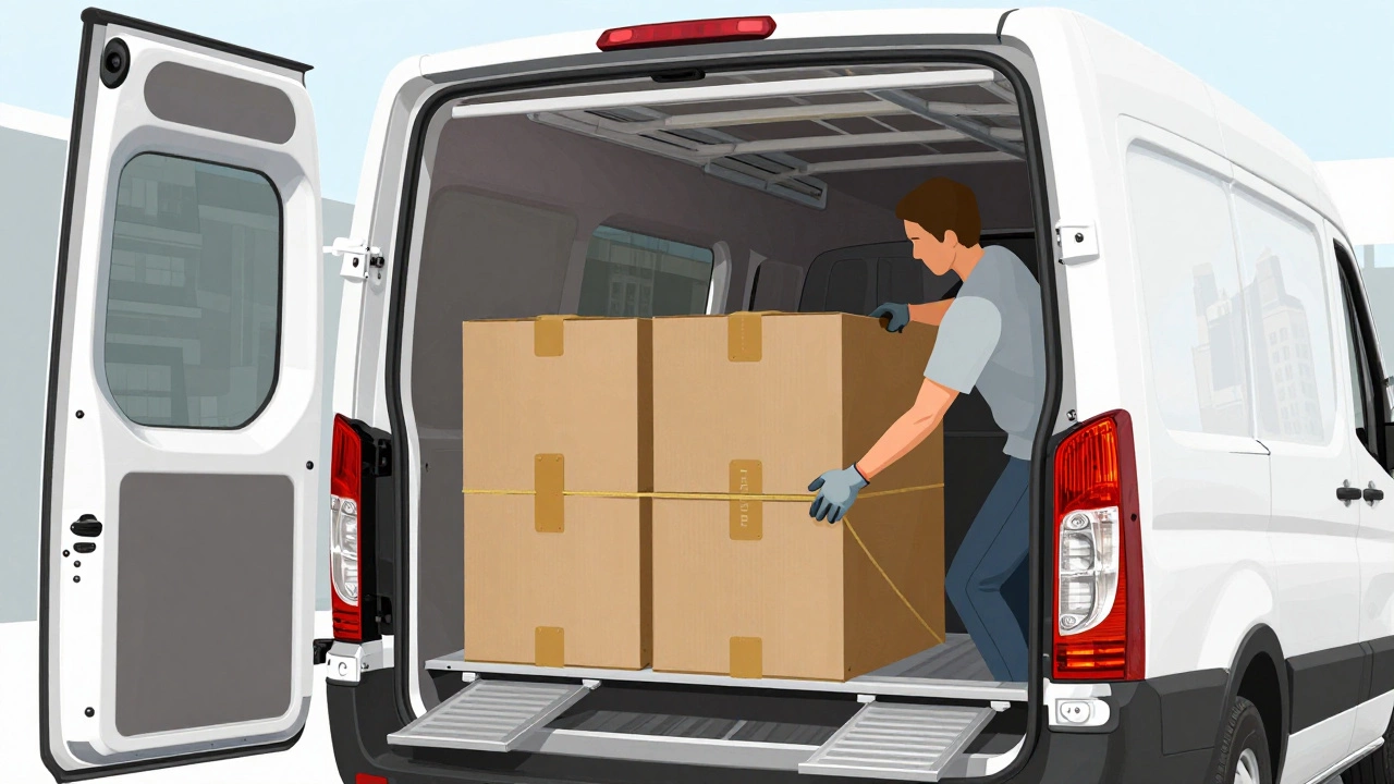 Человек загружает мебель в Газель с боковой рампой, используя крепления и веревки.