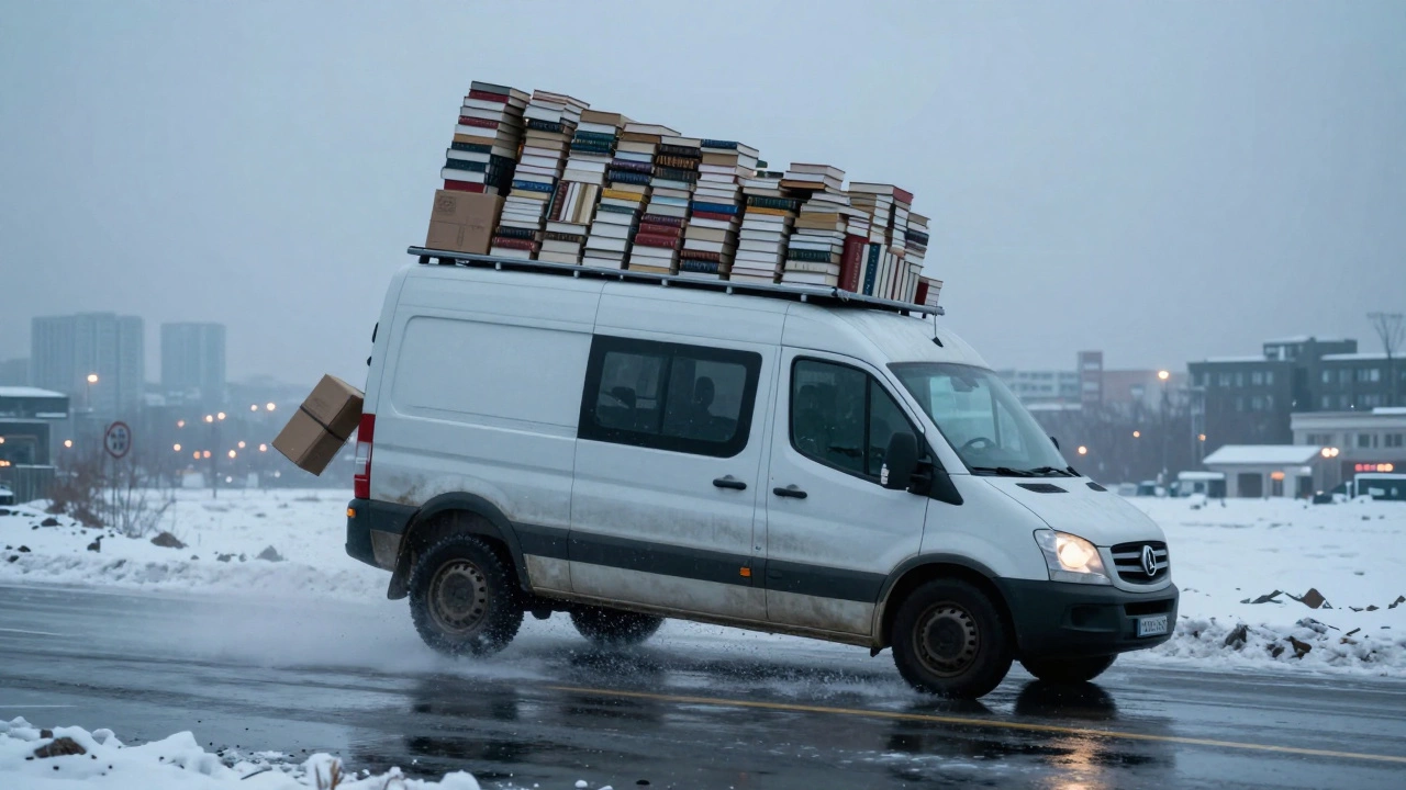 Фургон ГАЗель с книгами до потолка, наклоняется на ледяной дороге, груз на грани падения.